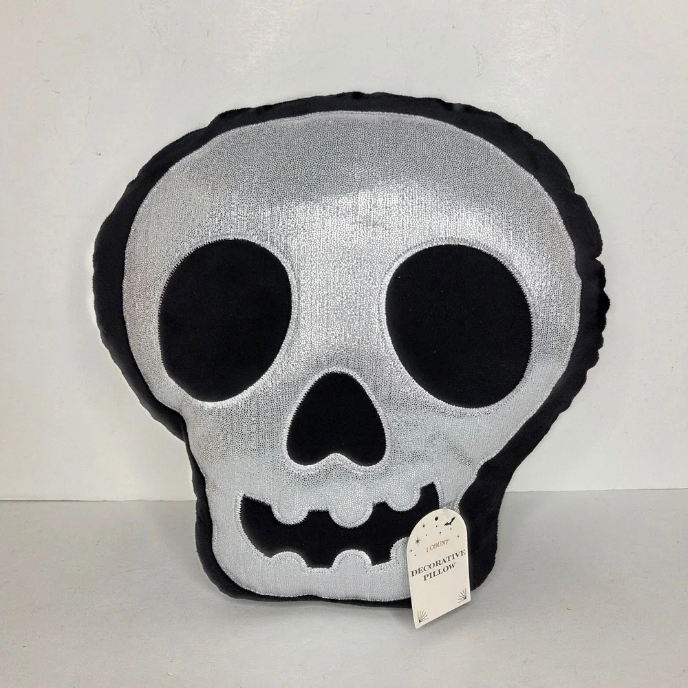 Halloween Skull Decorative Pillow Silver Metallic Black Spooky Decor Plush